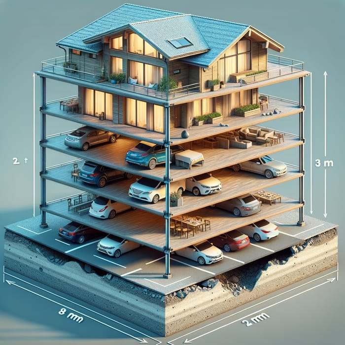 Earthquake-Resistant House on 8x20 Meter Inclined Lot with 3 Bedrooms and Parking for 2 Cars