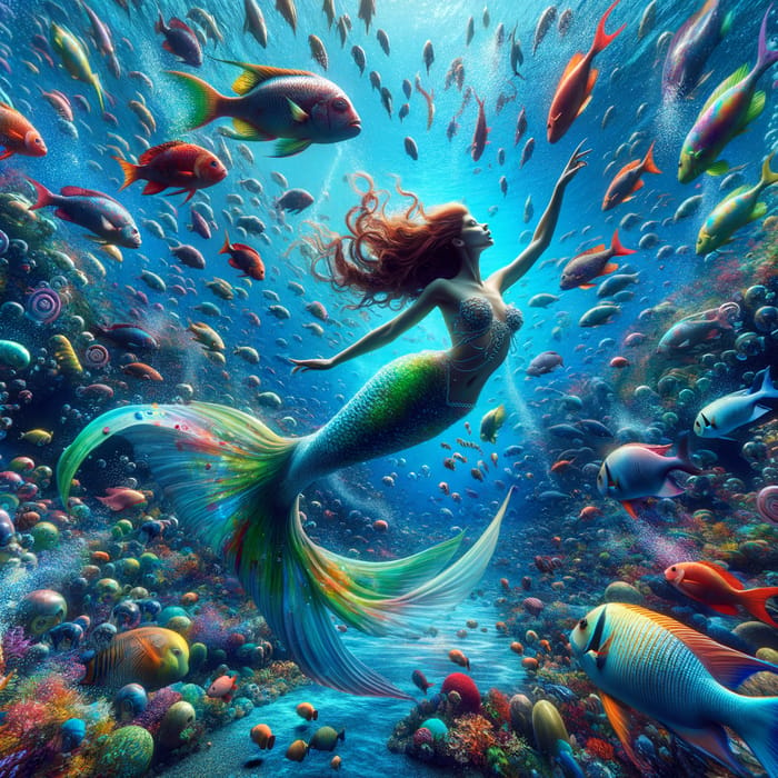 Enchanting Mermaid Swimming Among Vibrant Tropical Fish