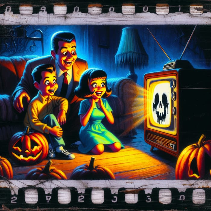 Spooky Halloween Cartoon Family by Vintage TV Set - Nostalgic Horror Scene