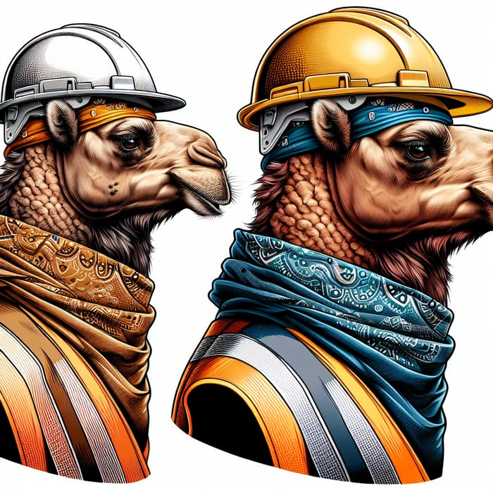 Detailed Camel Design: Work Vest & Hard Hat