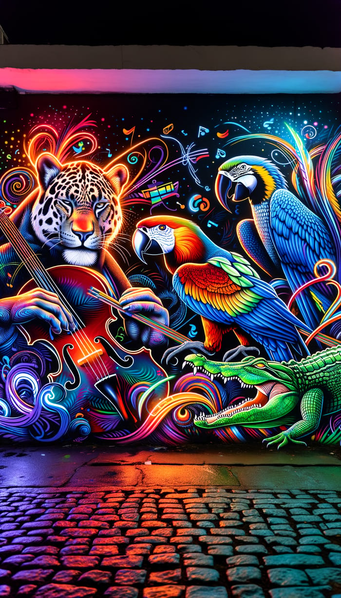 Neon Graffiti Art: Pantanal Jaguar, Macaw, Alligator