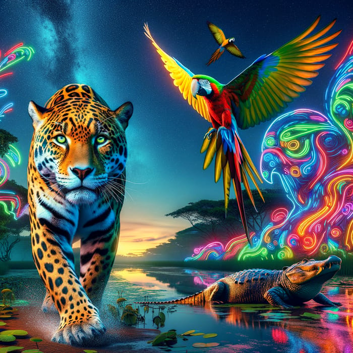 Modern Graffiti Music Fusion: Neon Pantanal Wildlife Spectacle