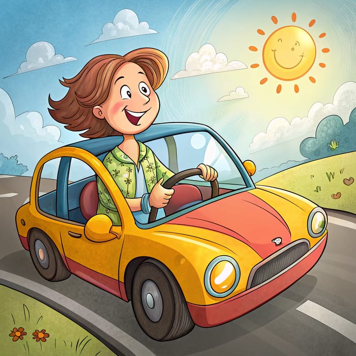 Cartoon Woman Driving a Car Illustration