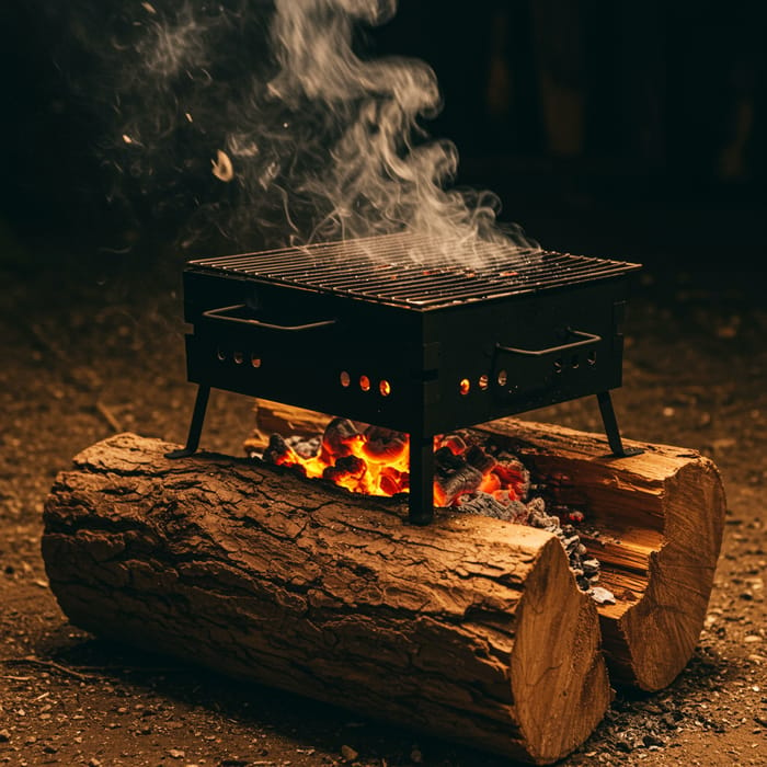 Smoking Grill on a Log of Wood