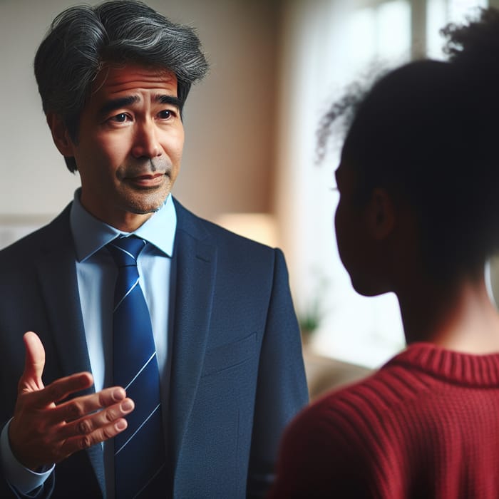 Middle-Aged Man Giving Advice to Younger Woman