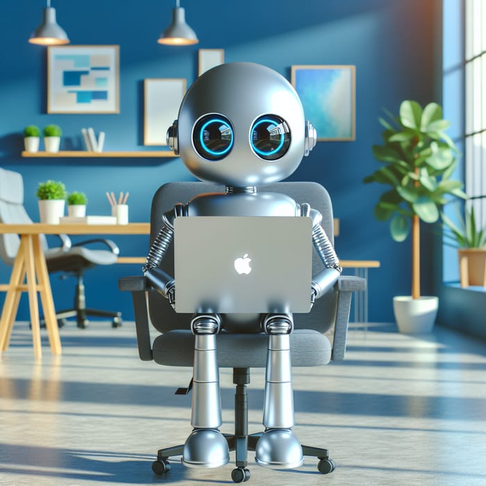 Cartoon-Style Robot Using MacBook in a Serene Office