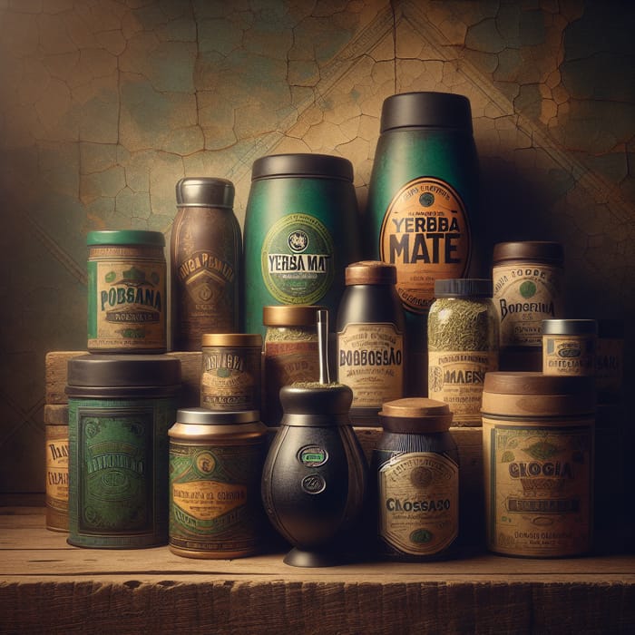 Vintage Yerba Mate Brands Displayed on Wooden Shelves