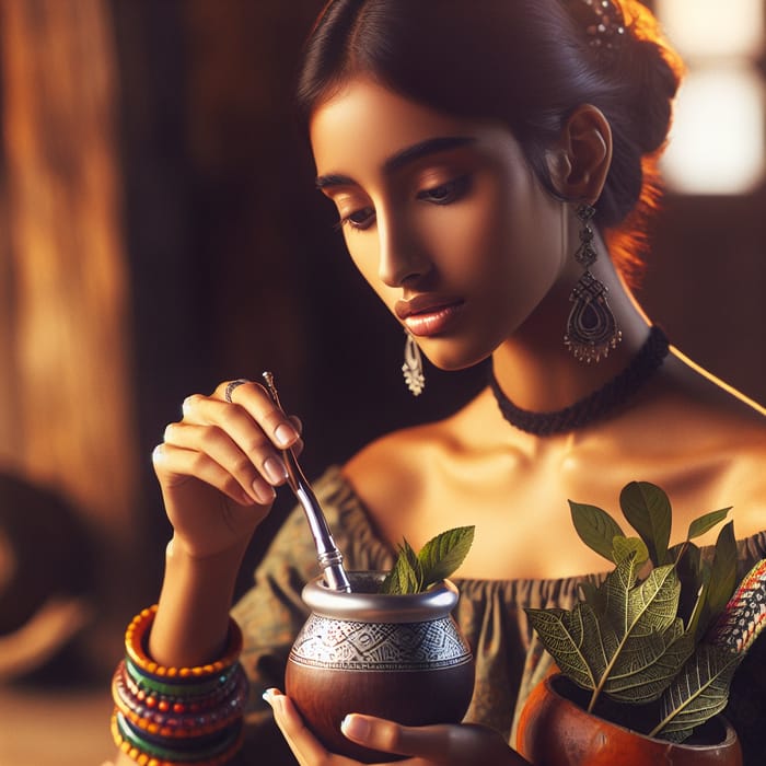 Graceful Young Woman Preparing Yerba Mate