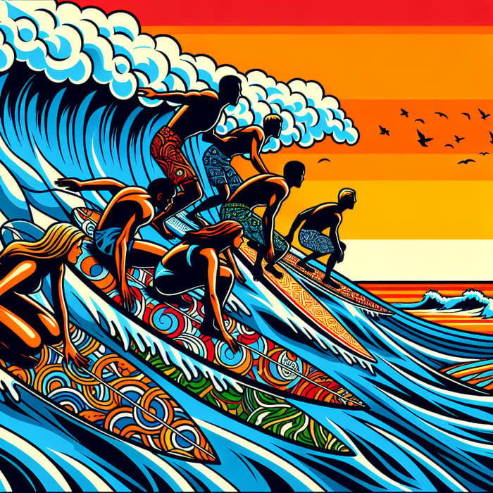 Dynamic Surfers Ride Perfect Wave | Colorful Pop Art