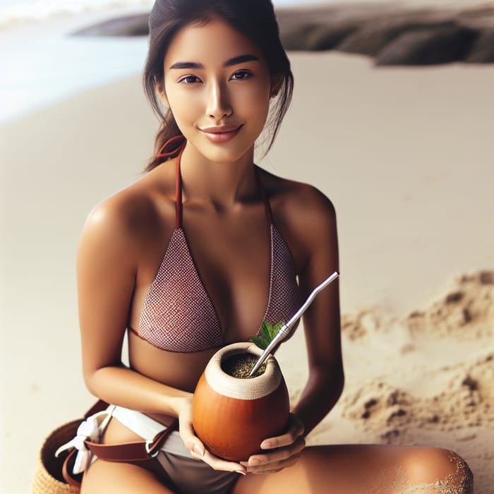 Woman in Bikini Enjoying Yerba Mate on Beach