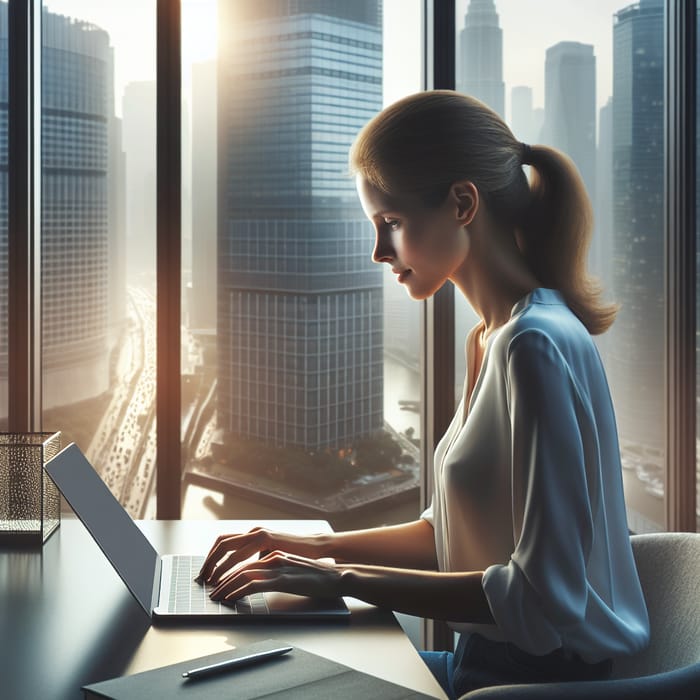 Female Consultant Typing on Macbook Pro in Urban Office Environment