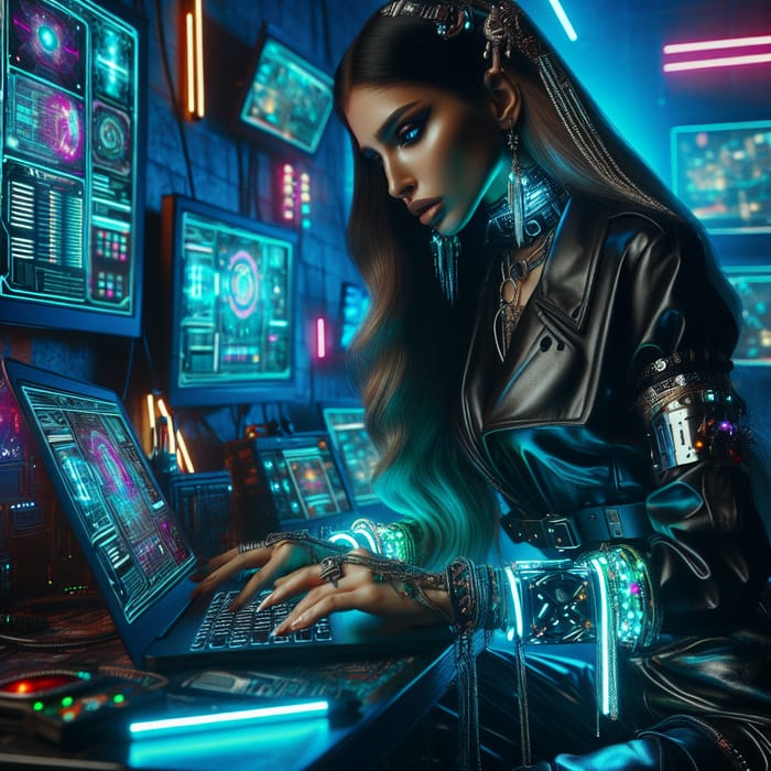 Futuristic Middle-Eastern Woman on MacBook in Cyberpunk Scene