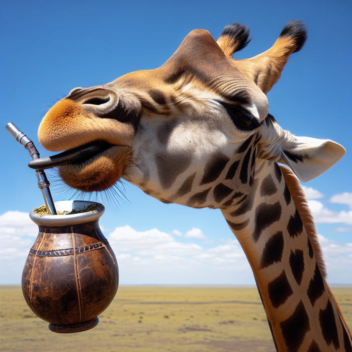 Giraffe Drinking Yerba Mate Gracefully in Savannah