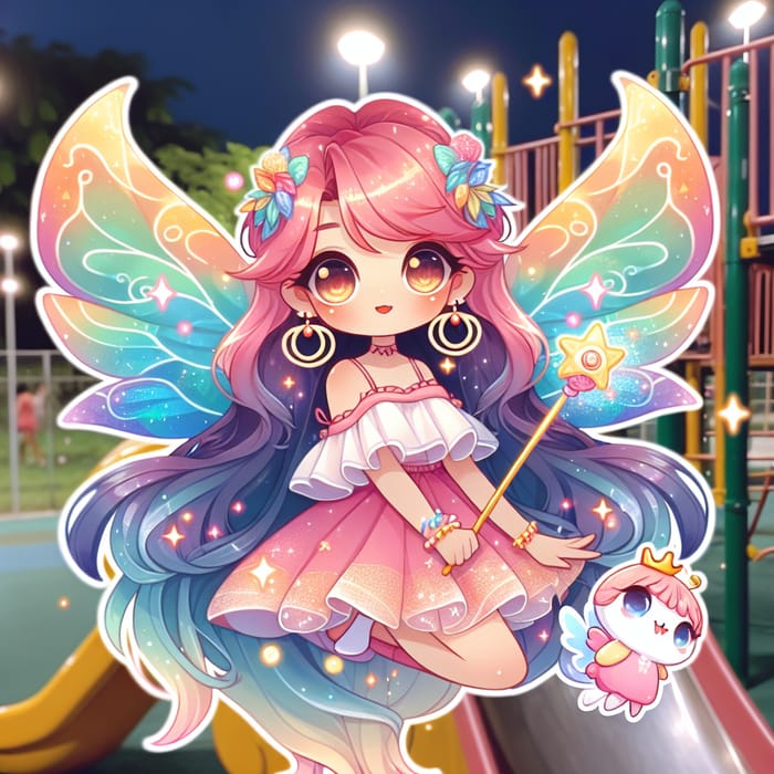 Kawaii South Asian Fairy with Vibrant Hair and Magical Wand