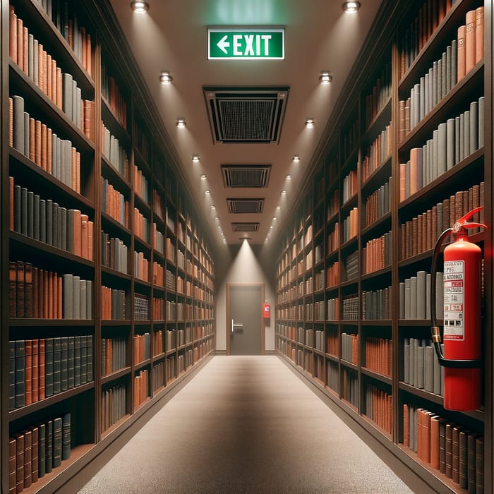 3D Library Room with Books, Shelves, and Fire Safety