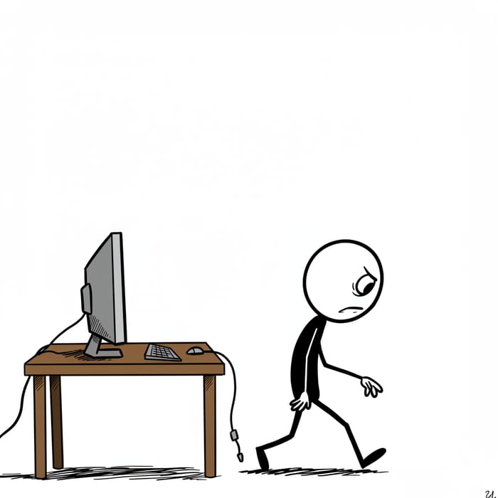 Defeated Stickman Walking Away from Computer