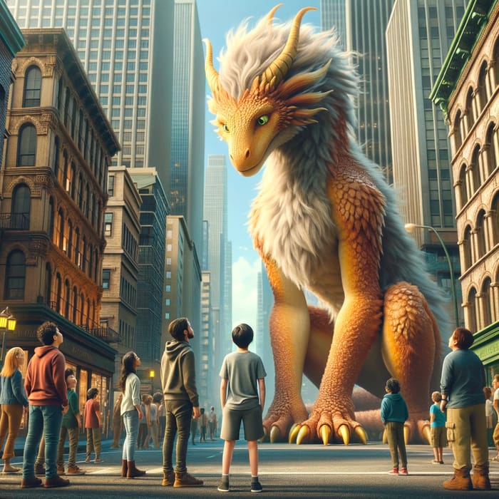 Gigantic Orange Furry Kid Dragon in Urban City | Stunning Scene