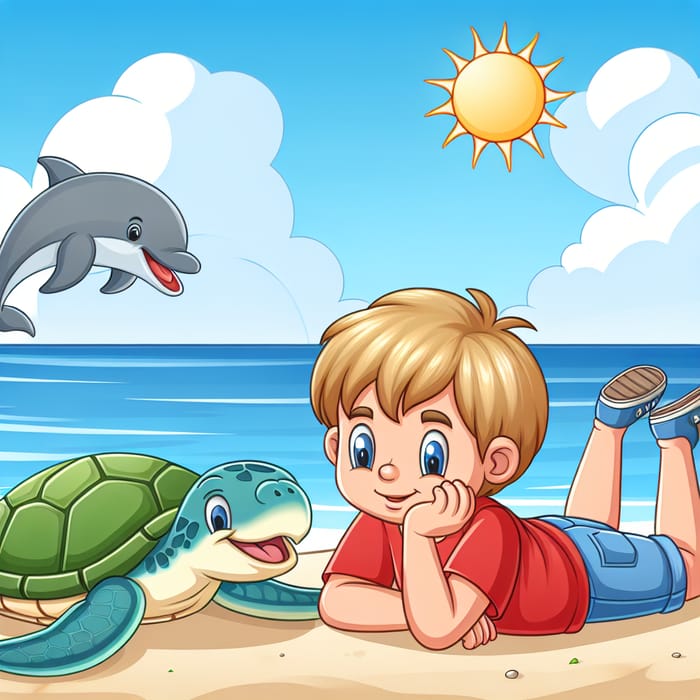 Joyful Beach Adventure: Boy with Turtle & Dolphin