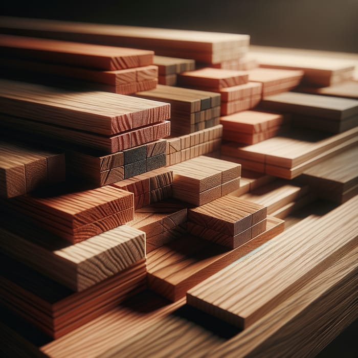 Red Oak and Oak Planks Stacked on Table