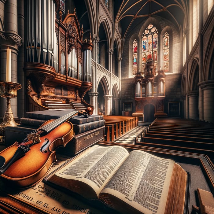 Historic Church Interior with Open Bible, Organ, and Violin