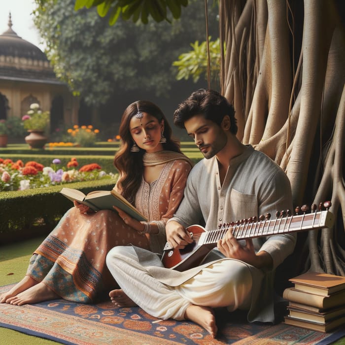 Indian Couples Relaxing in a Serene Garden