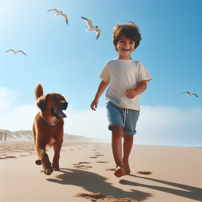 Serene Moment: Young Hispanic Boy Walking Beach with Dog