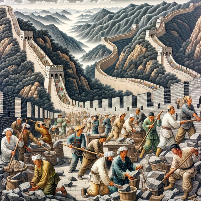 Ancient Chinese Painting of Great Wall Workers