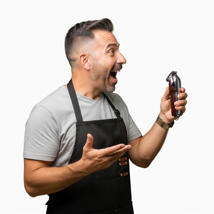 Hispanic Barber Exclaiming with Hair Clippers on White Background