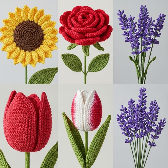 Handcrafted Crochet Flowers - Sunflower, Rose, Tulip & Lavender Designs Handcrafted Crochet Flowers - Sunflower, Rose, Tulip & Lavender Designs