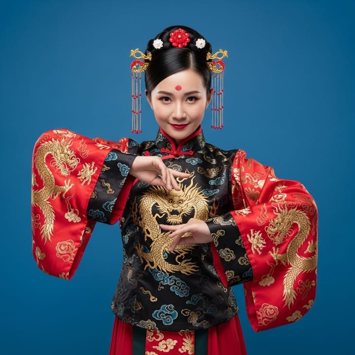Elegant Chinese Woman in Black and Gold Attire | Smiling Gracefully