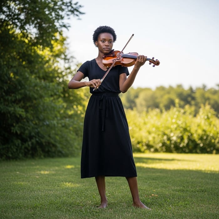 Barefoot Black Woman Playing Violin in Nature