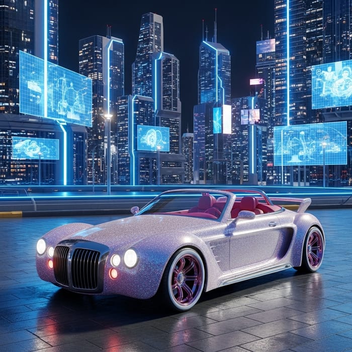 Glamorous Open-Roof Car in Futuristic City Glamorous Open-Roof Car in Futuristic City