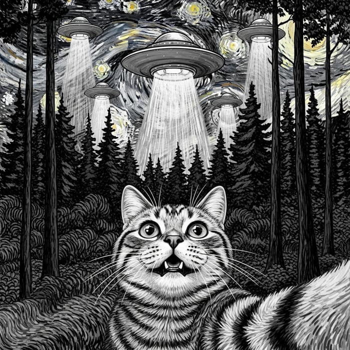 Mesmerized Cat and UFOs in Vincent Van Gogh Style