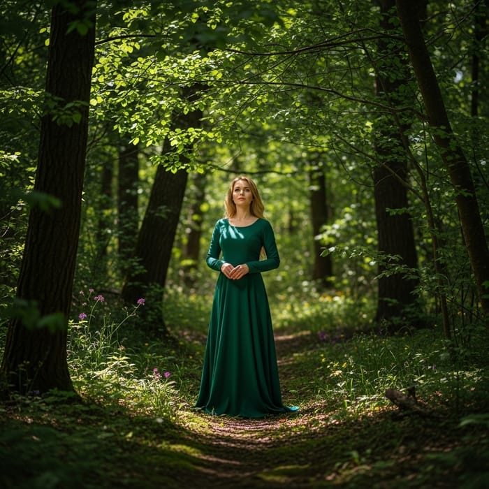 Beautiful Lady in Green Dress with Blond Hair in Forest