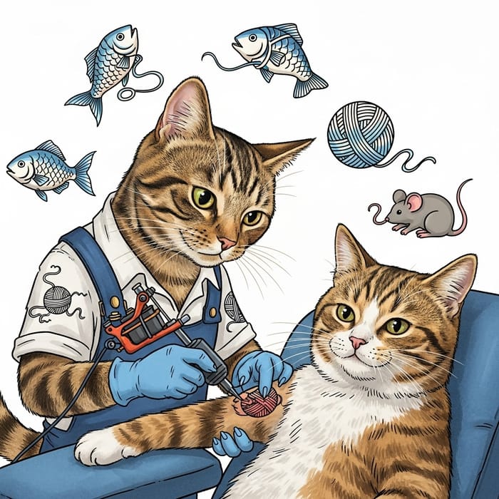 Whimsical Cat Tattoo Artist Creates Playful Scene Whimsical Cat Tattoo Artist Creates Playful Scene