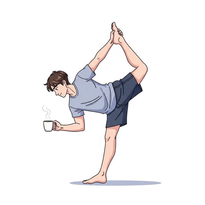 Morning Yoga Pose with Coffee: Animated Serenity in an Anime Style
