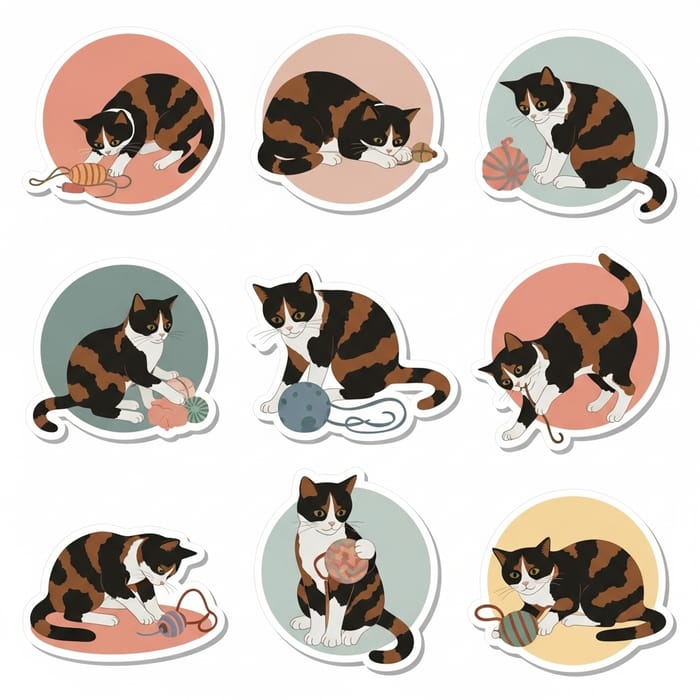 Cute Tortoiseshell Cat Stickers in Morandi Colors Cute Tortoiseshell Cat Stickers in Morandi Colors