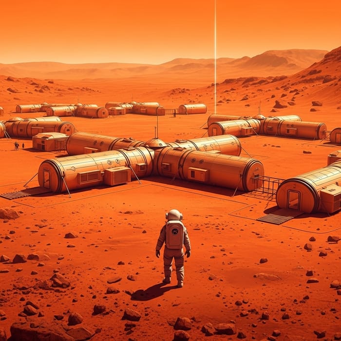 Minimalistic Mars Colony: Astronaut Explores Red Landscape