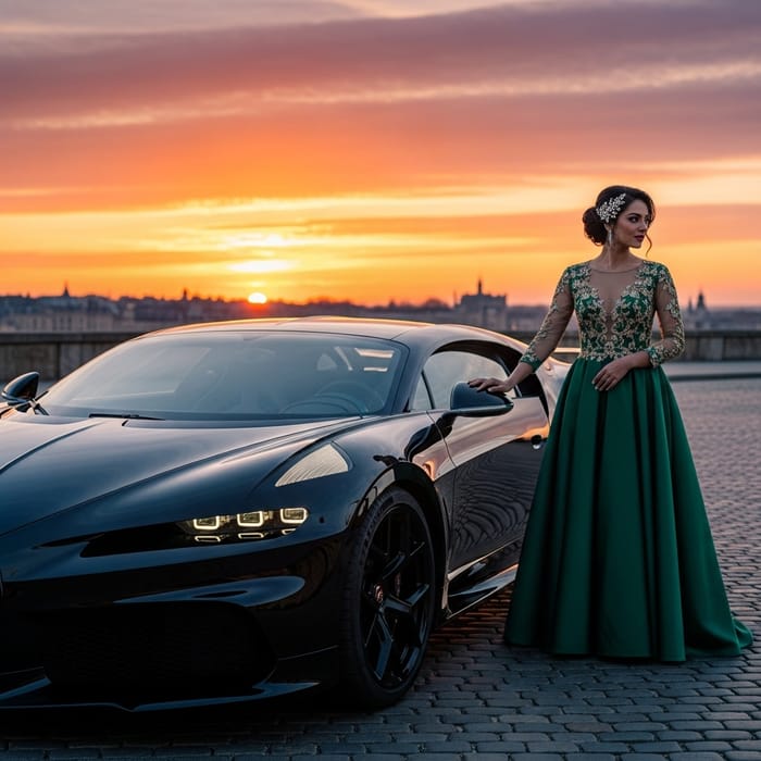 Stunning Bugatti with Elegant Woman on Sunset Street Stunning Bugatti with Elegant Woman on Sunset Street