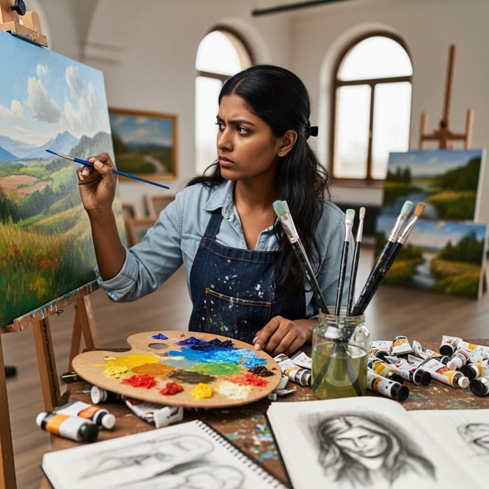 Female Artist Painting a Beautiful Picture | Creative Art Studio Female Artist Painting a Beautiful Picture | Creative Art Studio