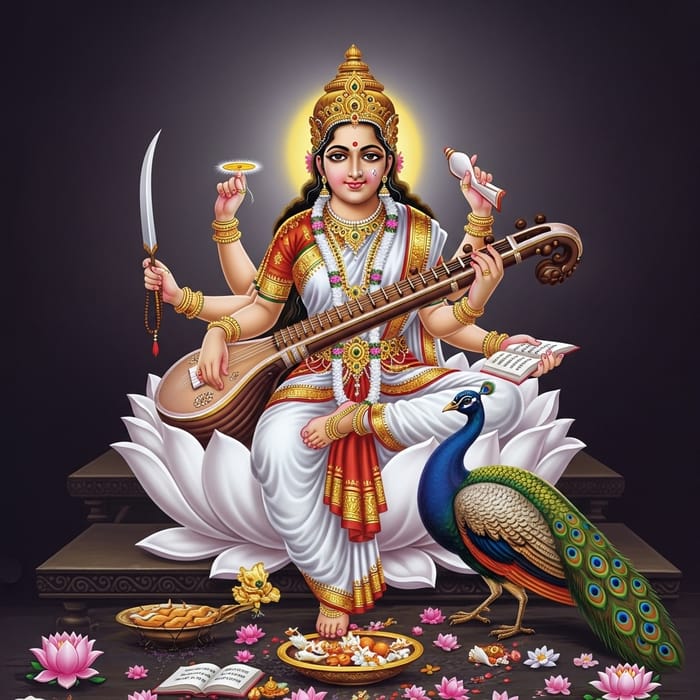 Divine Indian Goddess Saraswati in White Sari with Multi Arms