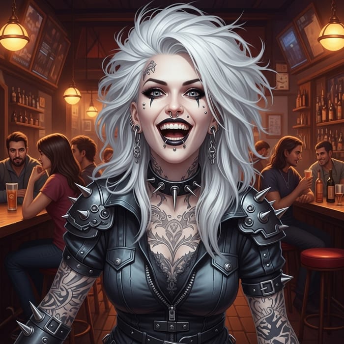 Goth-Punk Woman with White Hair, Piercings & Tattoos Laughing in Fantasy Bar Goth-Punk Woman with White Hair, Piercings & Tattoos Laughing in Fantasy Bar