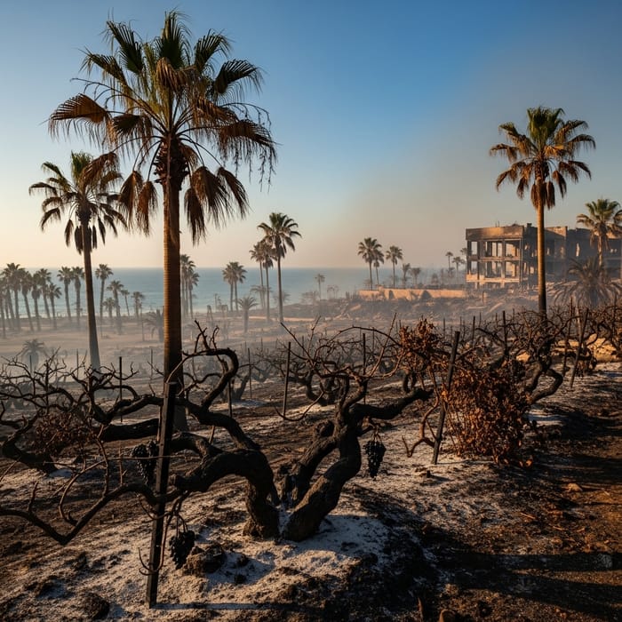 Devastated Paradise: Burnt Palm Trees & Grapevines