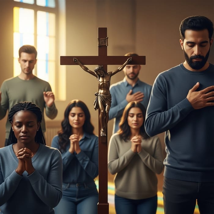 Devoted Individuals from Various Ethnicities Gathered around Crucifix Devoted Individuals from Various Ethnicities Gathered around Crucifix