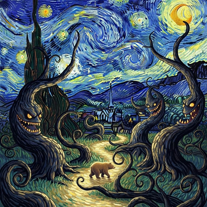 Whimsical Forest Encounter: Van Gogh Style Bear & Scary Tree Monsters