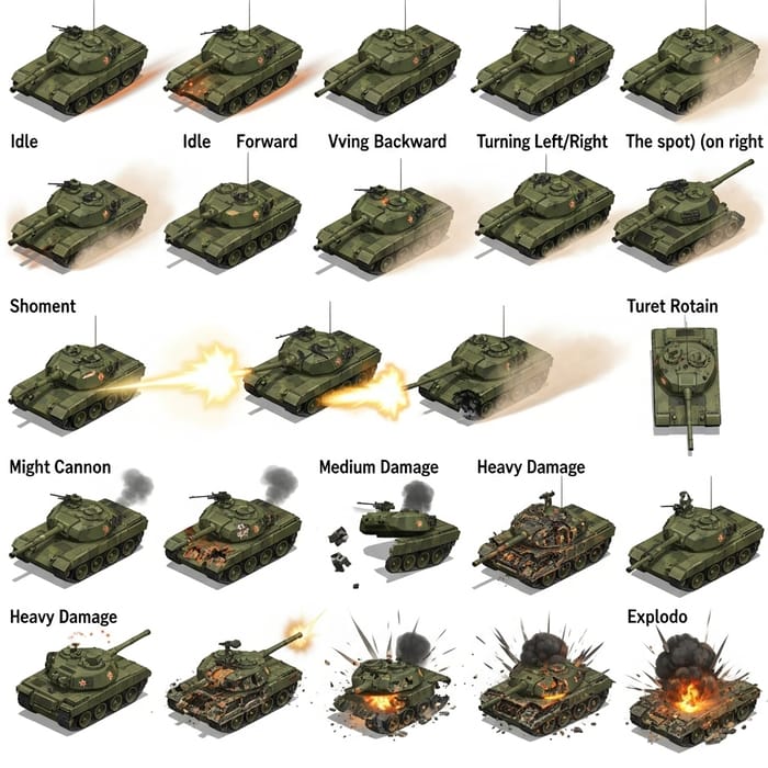 Comprehensive 3D Isometric War Tank Sprite Sheet & Animations Comprehensive 3D Isometric War Tank Sprite Sheet & Animations