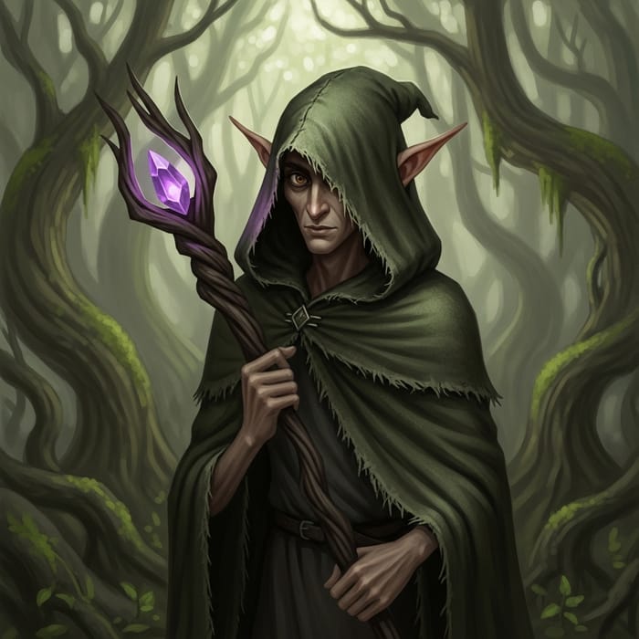 Charming Wood Elf with Enigmatic Wizard's Staff and Cloak