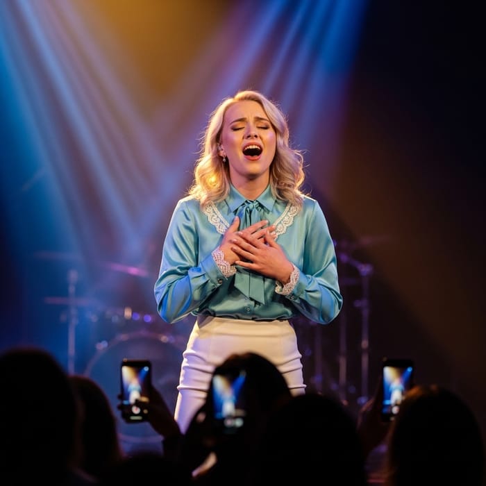 Blonde Woman Singing With Light Blue and White Outfit on Stage