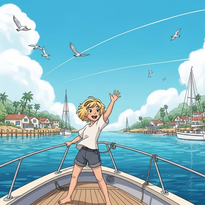 Blonde Girl in Summer Outfit Animated Scene at Australian Harbor Blonde Girl in Summer Outfit Animated Scene at Australian Harbor