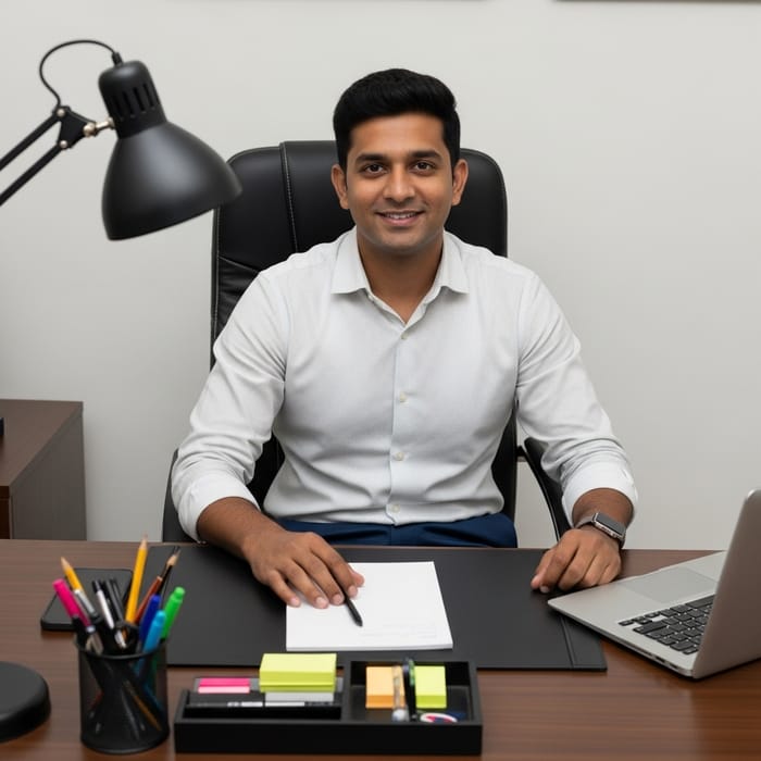 Modern Indian Man at Desk: Professional Pose Modern Indian Man at Desk: Professional Pose